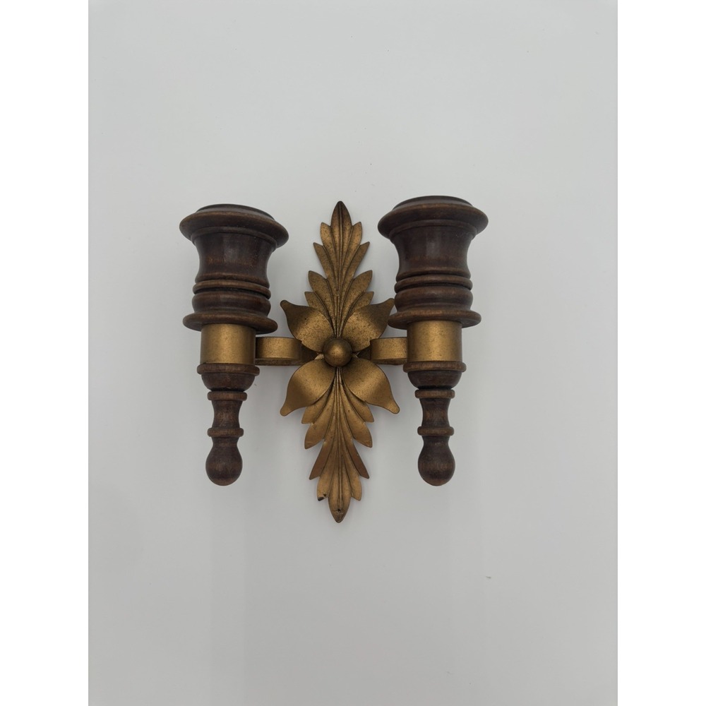 MCM Double Wall Sconce Mid Century Modern Wood Gold Tone Metal Vintage